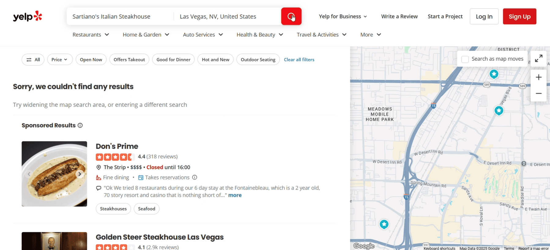Yelp shows no results
